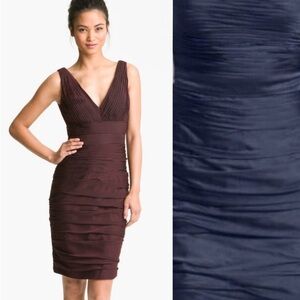 MONIQUE LHUILLIER BRIDESMAIDS NAVY BLUE RUCHED CHIFFON SHEATH COCKTAIL DRESS